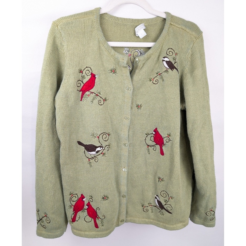 Vintage 90s Bird Embroidered Cardigan Sz XL Green Cardinal Chickadee Cottagecore